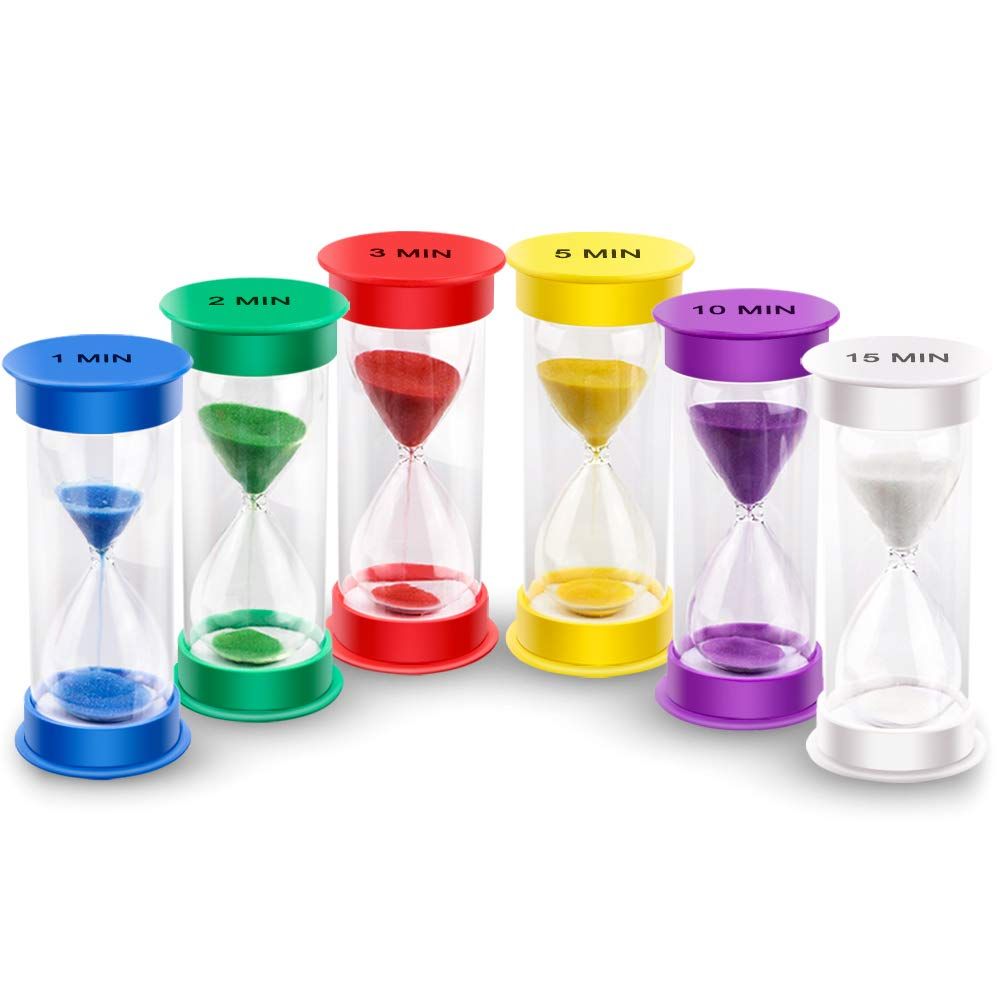 EMDMAK Sand Timer, Acrylic Hourglass Timer Colorful Sandglass Timer 1 min/2 mins/3 mins/5 mins/10 mins/15 mins Sand Clock Timer for Games Classroom Home Office(Pack of 6) | Amazon (US)