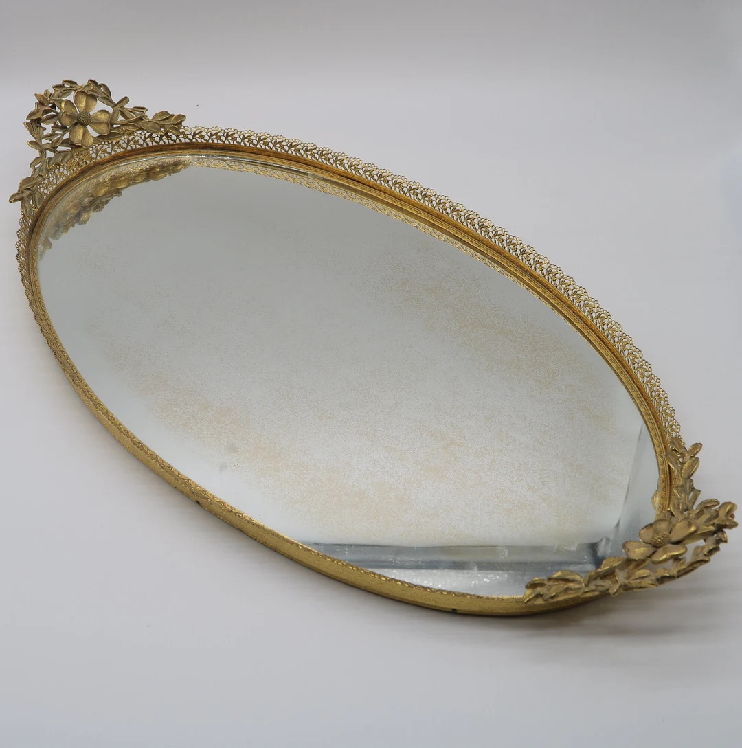 Vintage Gold Glass Floral Tabletop Mirror Vanity Tray - Etsy | Etsy (US)