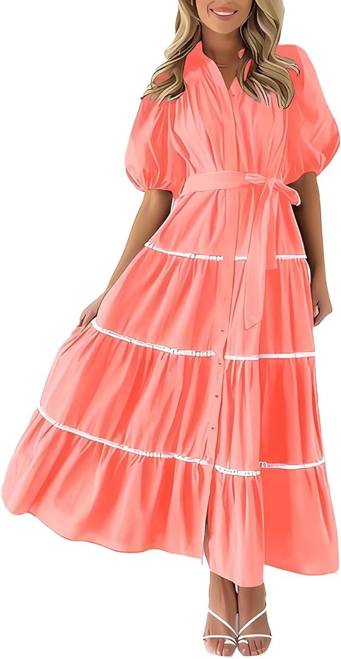 CRHOOHR Women's Summer Button Down Shirt Dress Short Puffy Sleeve Tiered Ruffle A Line Long Flowy... | Amazon (US)