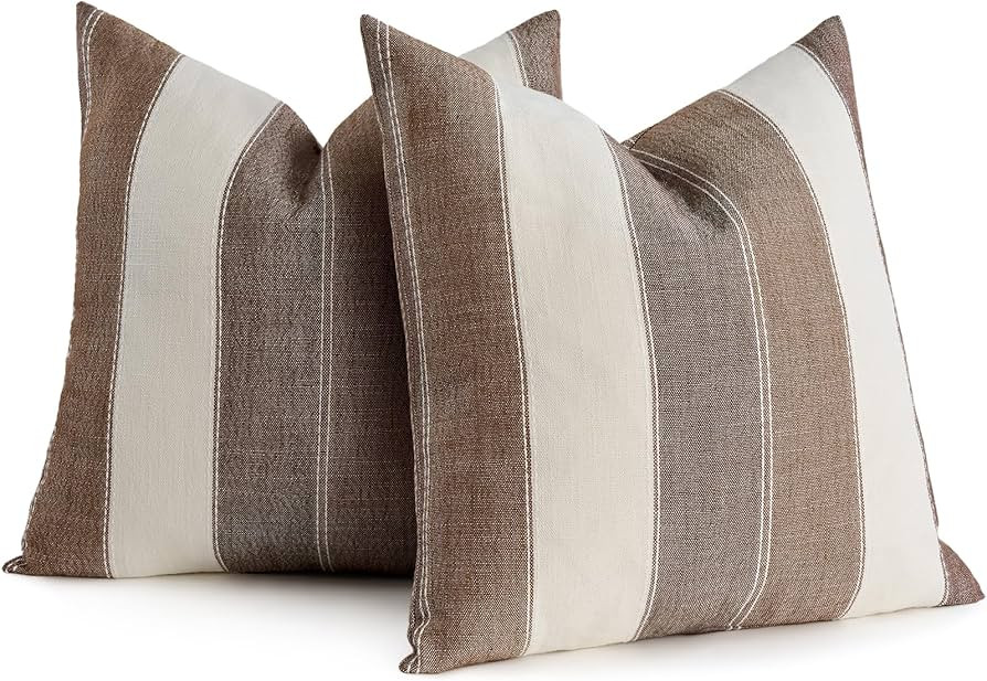 AmHoo Pack of 2 Farmhouse Stripe Check Throw Pillow Covers Set Case Cotton Linen Decorative Pillo... | Amazon (US)