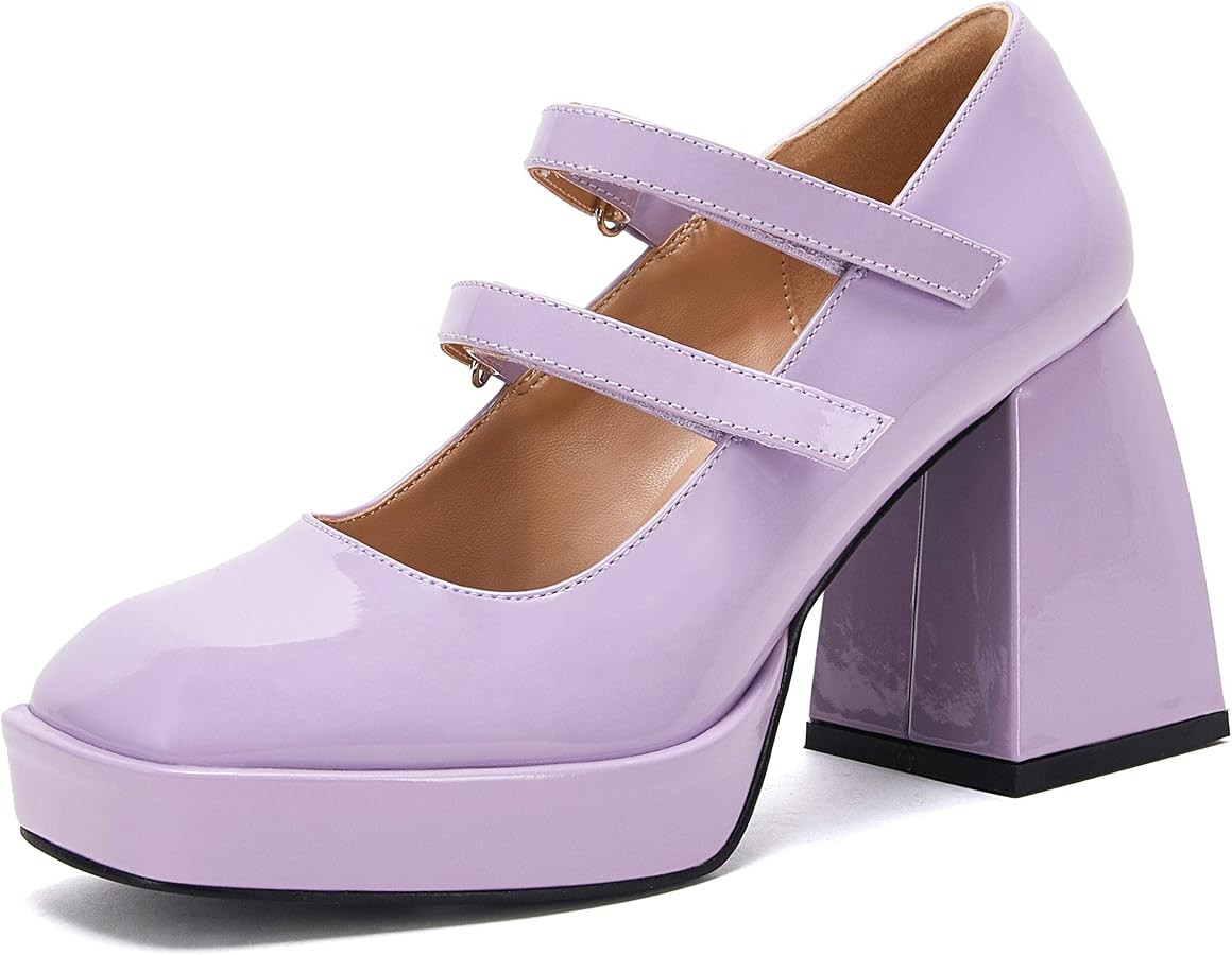VETASTE Womens Platform Heels Chunky Block Heel Closed Square Toe Ankle Strap Patent Office Party... | Amazon (US)