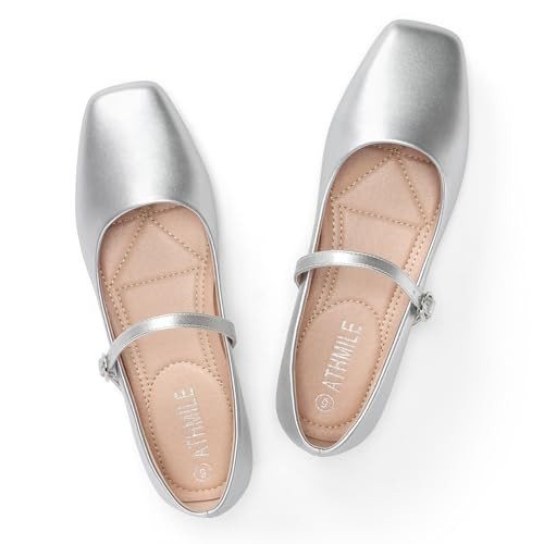 ATHMILE Mary Jane Shoes Women Ballet Flats Shoes for Women Slip on Comfortable Dressy Adjustable Strap for Work Office Business Casual Silver | Amazon (US)