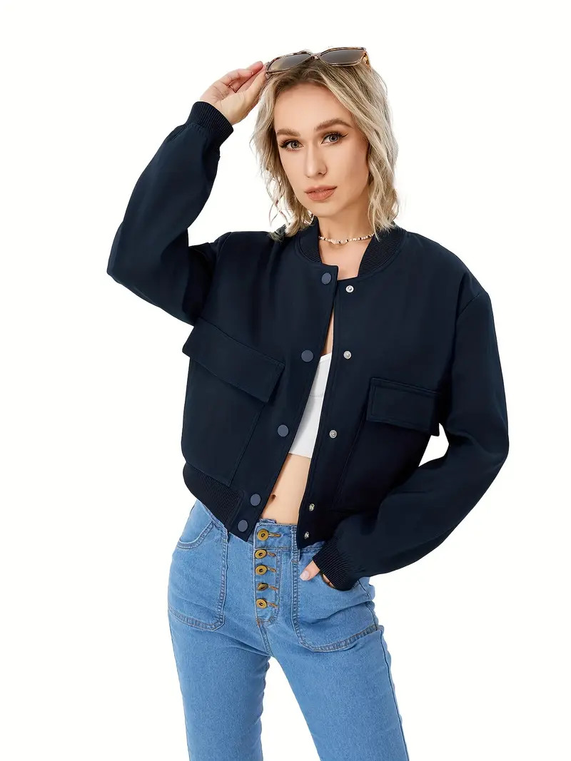 Button Front Bomber Jacket, Casual Solid Long Sleeve Outerwear, Women's Clothing | Temu Affiliate Program