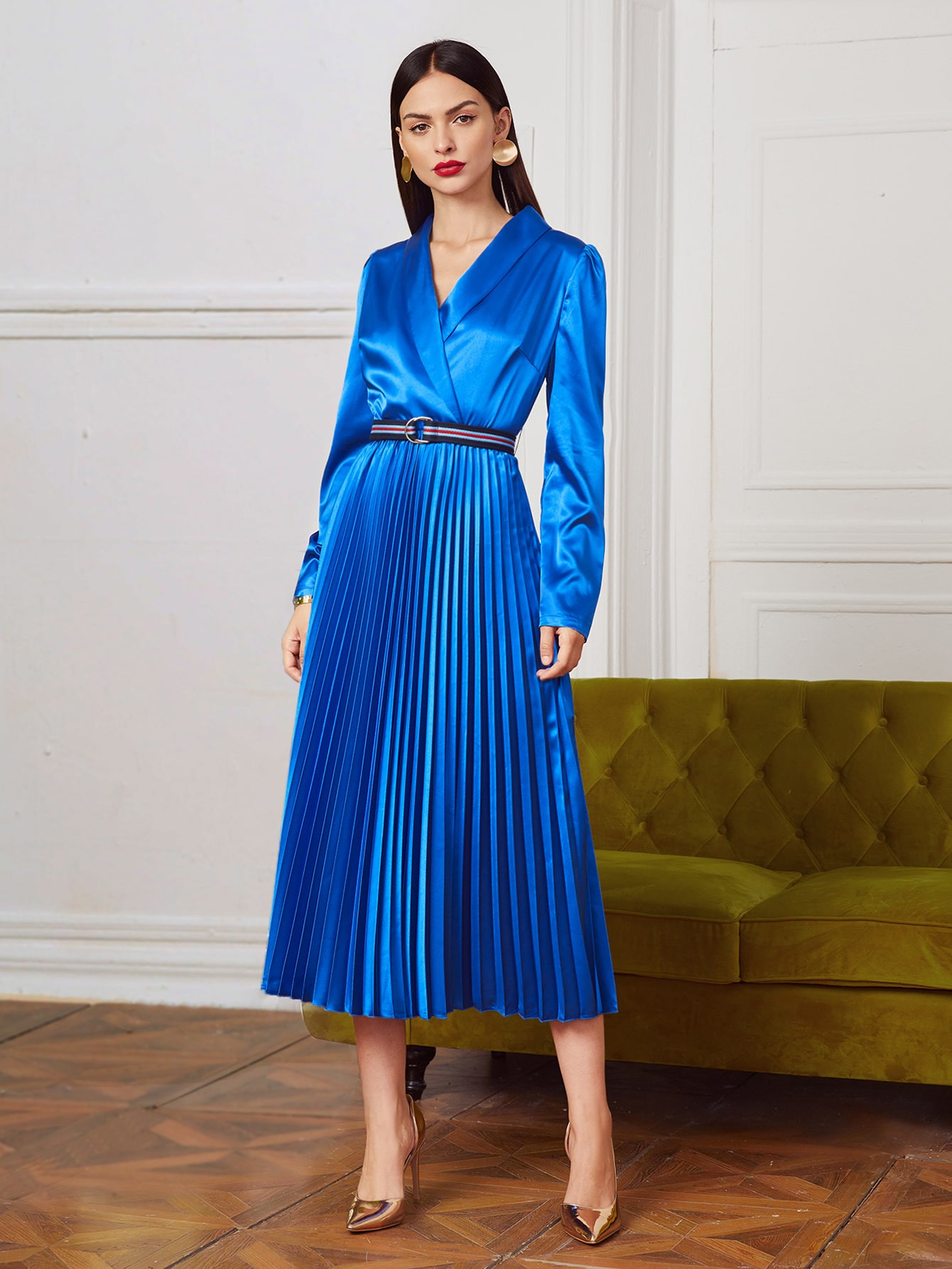 SHEIN Shawl Collar Pleated Hem D-ring Belted Satin Dress | SHEIN