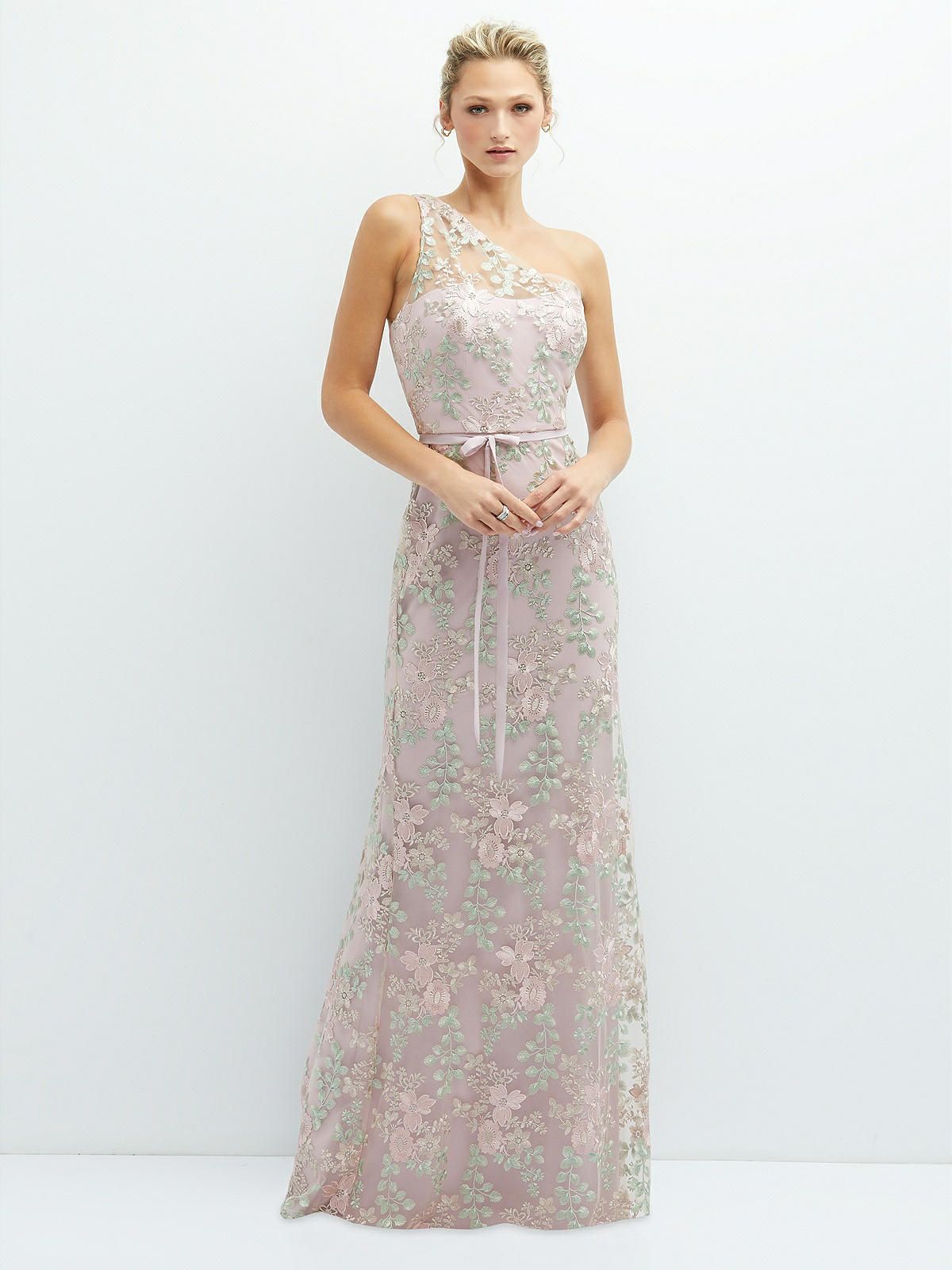 One-Shoulder Fit and Flare Floral Embroidered Dress with Skinny Tie Sash | The Dessy Group