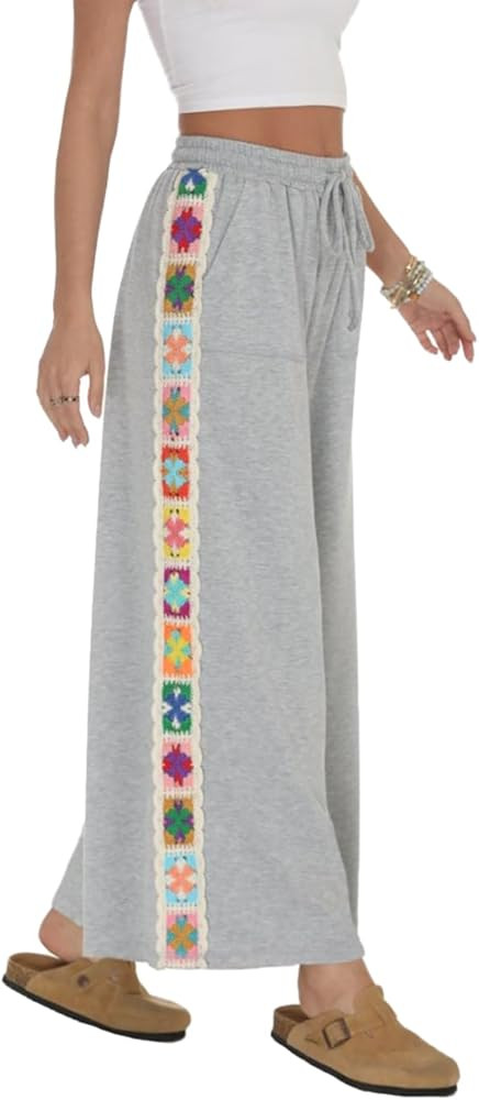Womens Wide Leg Pants Stretch Casual Drawstring Waist Loose Lounge Sweatpants Crochet Panel Pant ... | Amazon (US)
