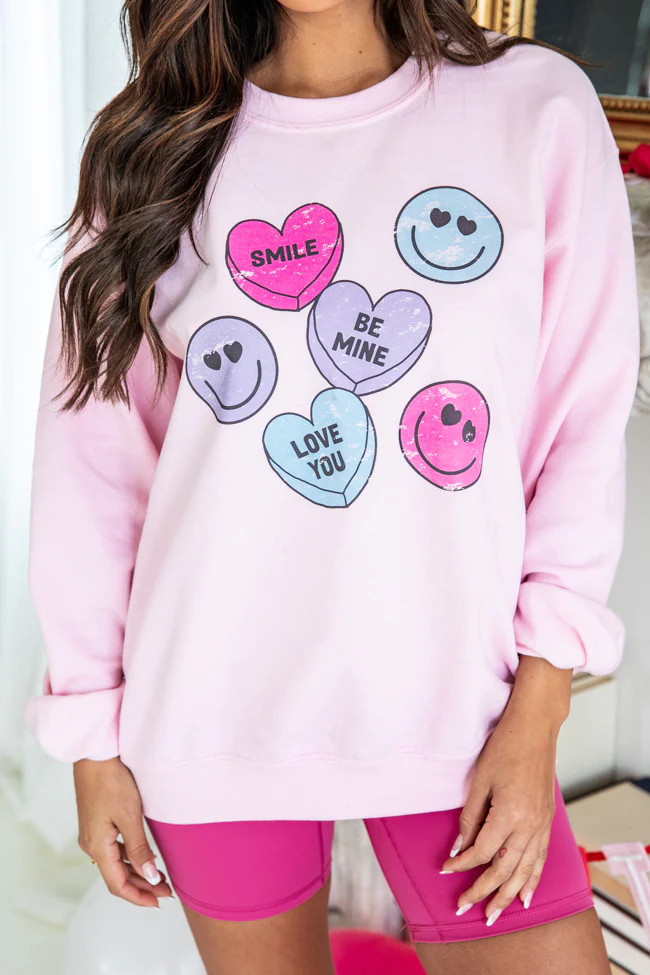 Candy Hearts Light Pink Graphic Sweatshirt | Pink Lily