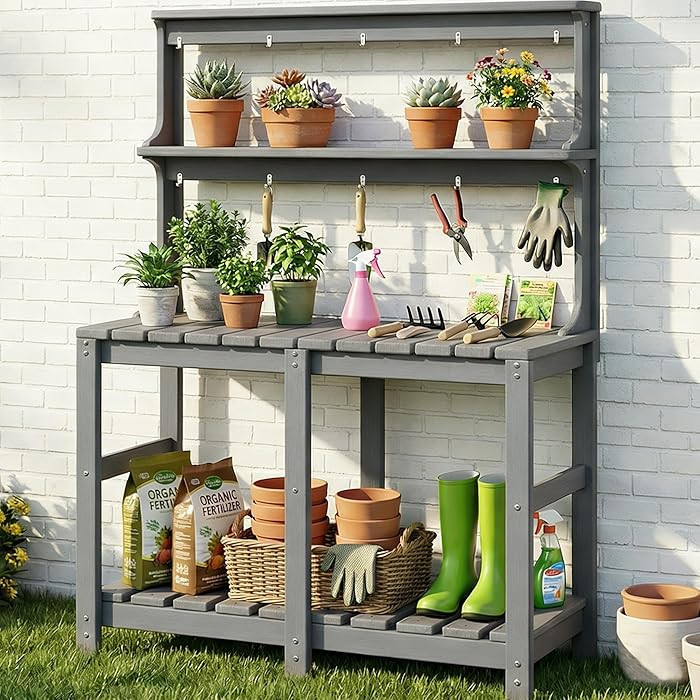 Outdoor Potting Bench with 3 Tier, All-Weather Patio Potting Table with Tool Hooks, HDPE Gardenin... | Amazon (US)