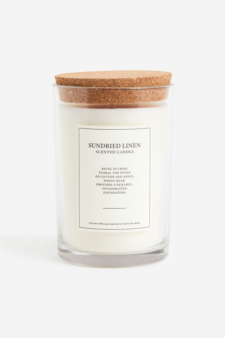 Large Cork-lid Scented Candle - White/Sundried Linen - Home All | H&M US | H&M (US + CA)