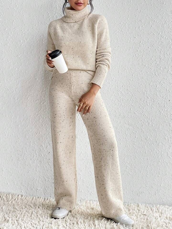Turtleneck Drop Shoulder Sweater & Knit Pants | SHEIN