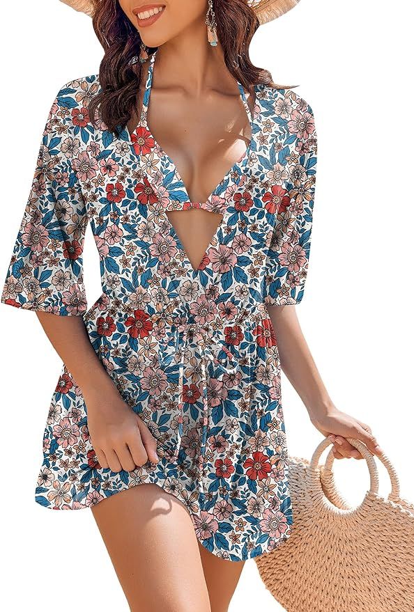 AI'MAGE Women's 3 Piece Bikini Set Halter Triangle Bikini String Floral Swimsuit with Cover Up | Amazon (US)