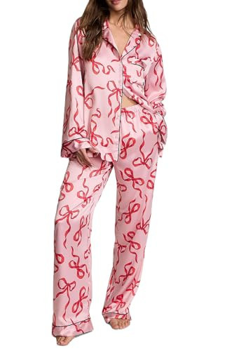 UAURORAO Women Bow Pajamas Set Long Sleeve Love Printed Silk Pajamas Button Down Y2k Pjs Cute Valentines Sleepwear(Ribbon Pink,Small) | Amazon (US)