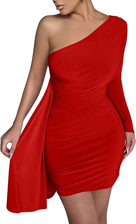 HOCILLE Women's Sexy Long Sleeve One Shoulder Bodycon Cocktail Ruched Mini Club Party Dress | Amazon (US)
