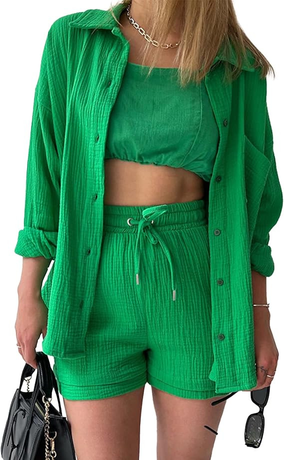 Flygo Women Casual 2 Piece Outfits Cotton Linen Set Long Sleeve Shirt Tops Matching Shorts Sets | Amazon (US)