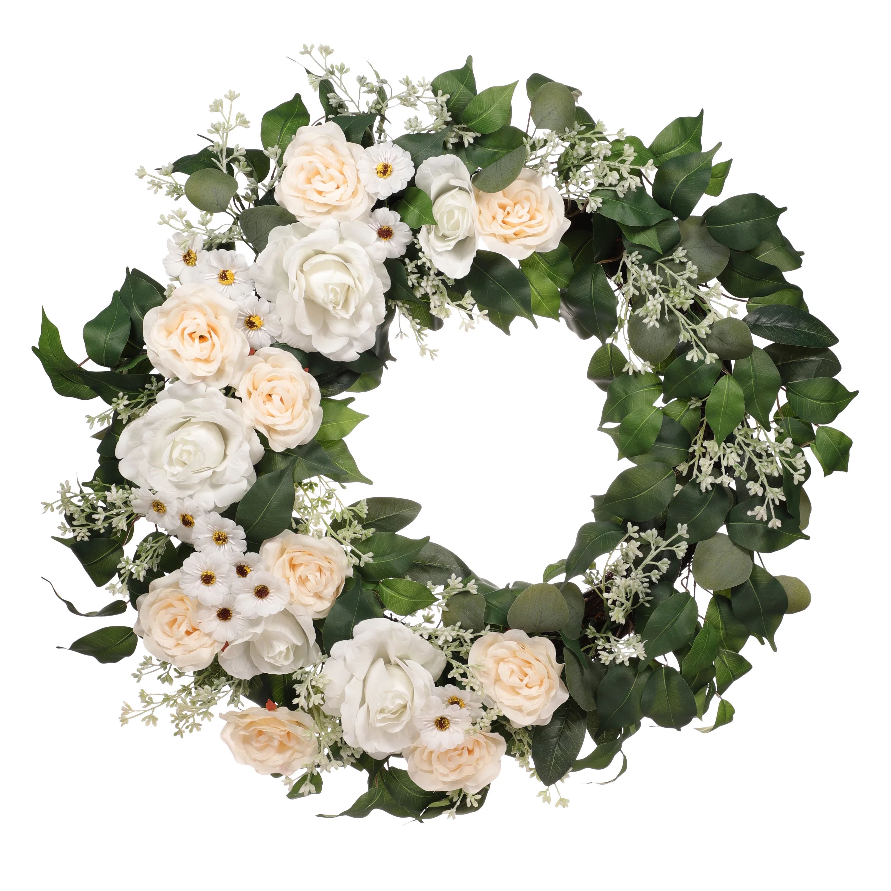 30" Artificial Rose, Camellia, Babys breath Floral Spring Wreath with Green Leaves | Walmart (US)