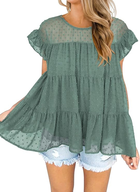 DOROSE Women's Babydoll Tops Swiss Dot Ruffle Sleeve Tiered Flowy Blouses Dressy Casual Summer Sh... | Amazon (US)