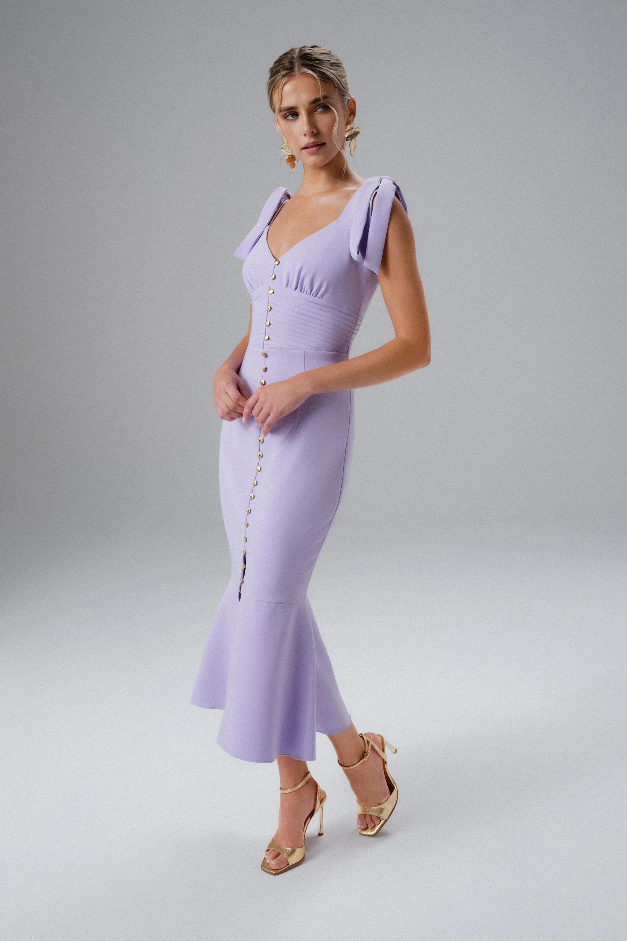 KAMILA Tie Strap Micro Shell Button Midi Dress in Lilac | Lavish Alice Retail Ltd
