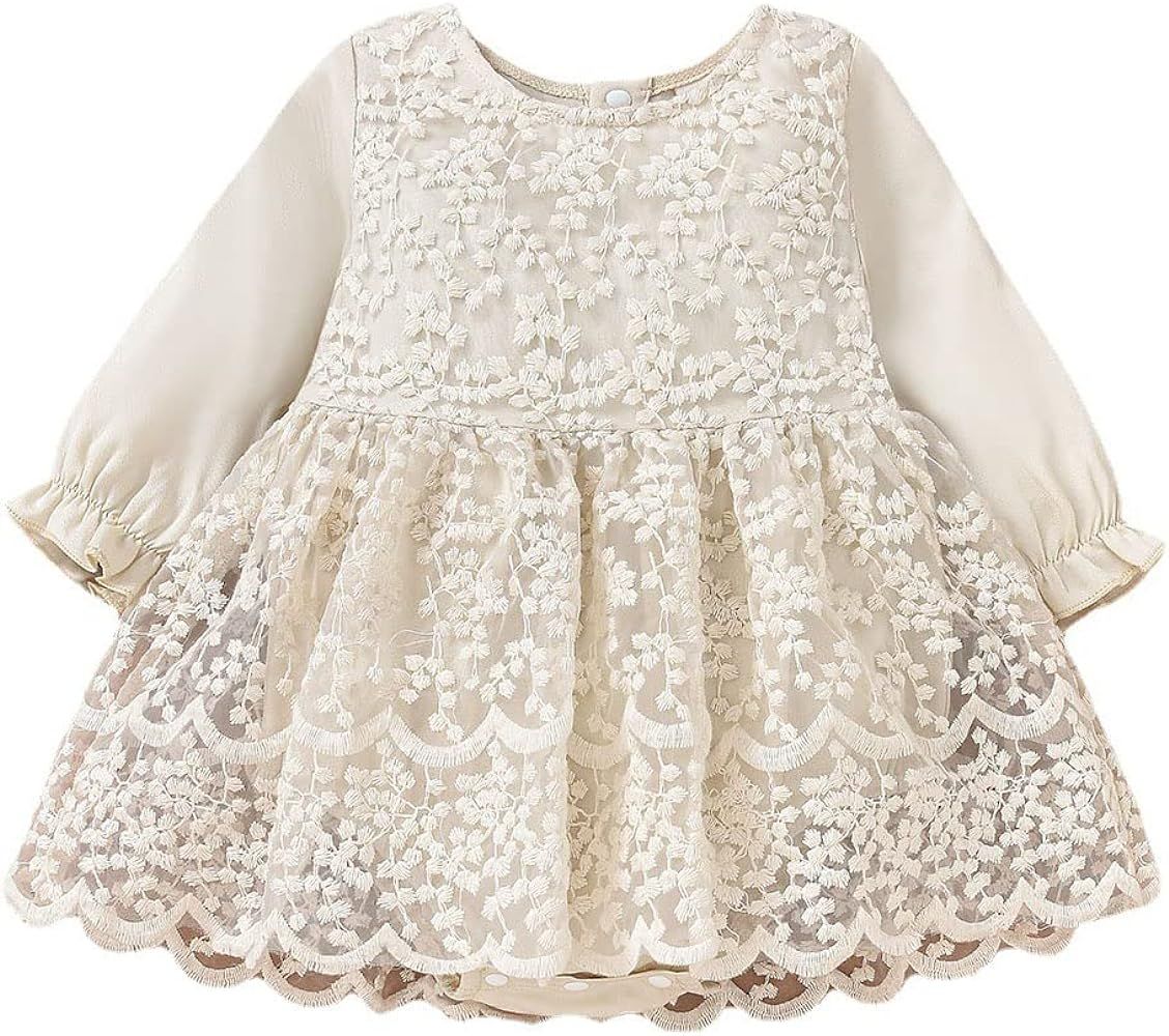 Newborn Infant Baby Girl Fall Winter Romper Dress White Beige Boho Lace Floral Clothes Toddler Lo... | Amazon (US)