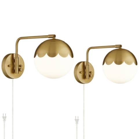 Set of 2 Kelowna Antique Brass Glass Globe Plug-In Swingarm Wall Lamps | Lamps Plus