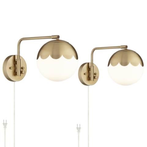 Set of 2 Kelowna Antique Brass Glass Globe Plug-In Swingarm Wall Lamps | Lamps Plus