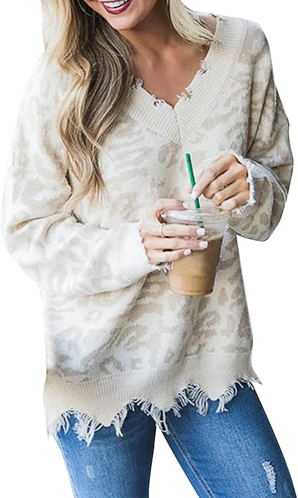 LEANI Women's Loose Knitted Sweater Long Sleeve V-Neck Ripped Pullover Sweaters Crop Top Knit Jum... | Amazon (US)