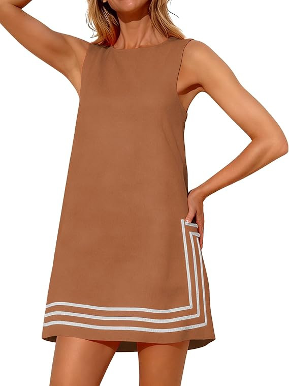 Womens Summer Boho A-Line Mini Dress Sleeveless Sundress Color Block Beach Coverups | Amazon (US)