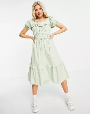 Influence puff sleeve belted midi dress in sage green | ASOS (Global)
