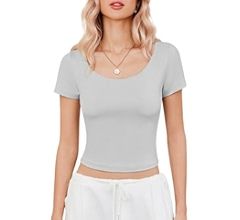 Sherosa Womens Crop Tops Scoop Neck Short Sleeve T Shirts Double Lined Slim Fit Basic Tees Y2k Sh... | Amazon (US)