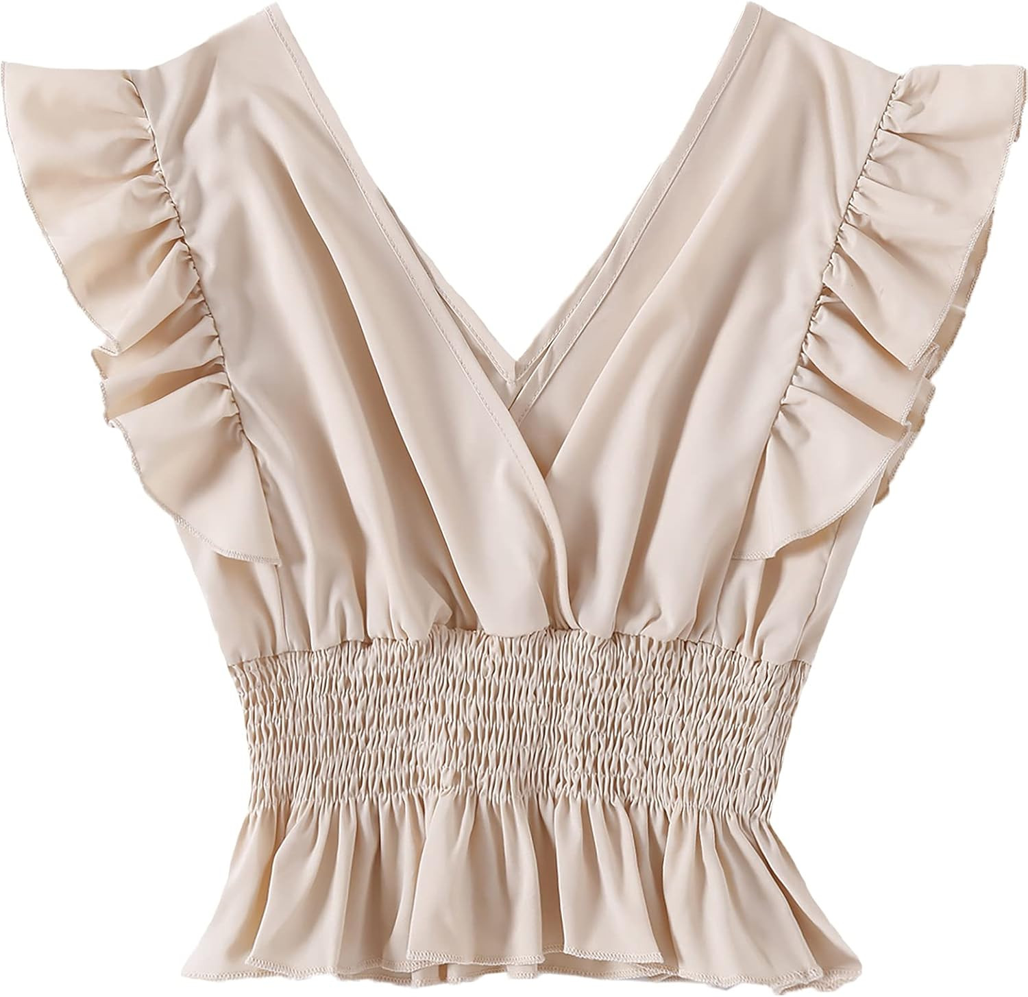 LYANER Women's V Neck Ruffle Cap Sleeve Shirred Blouse Sexy Crop Tank Top | Amazon (US)