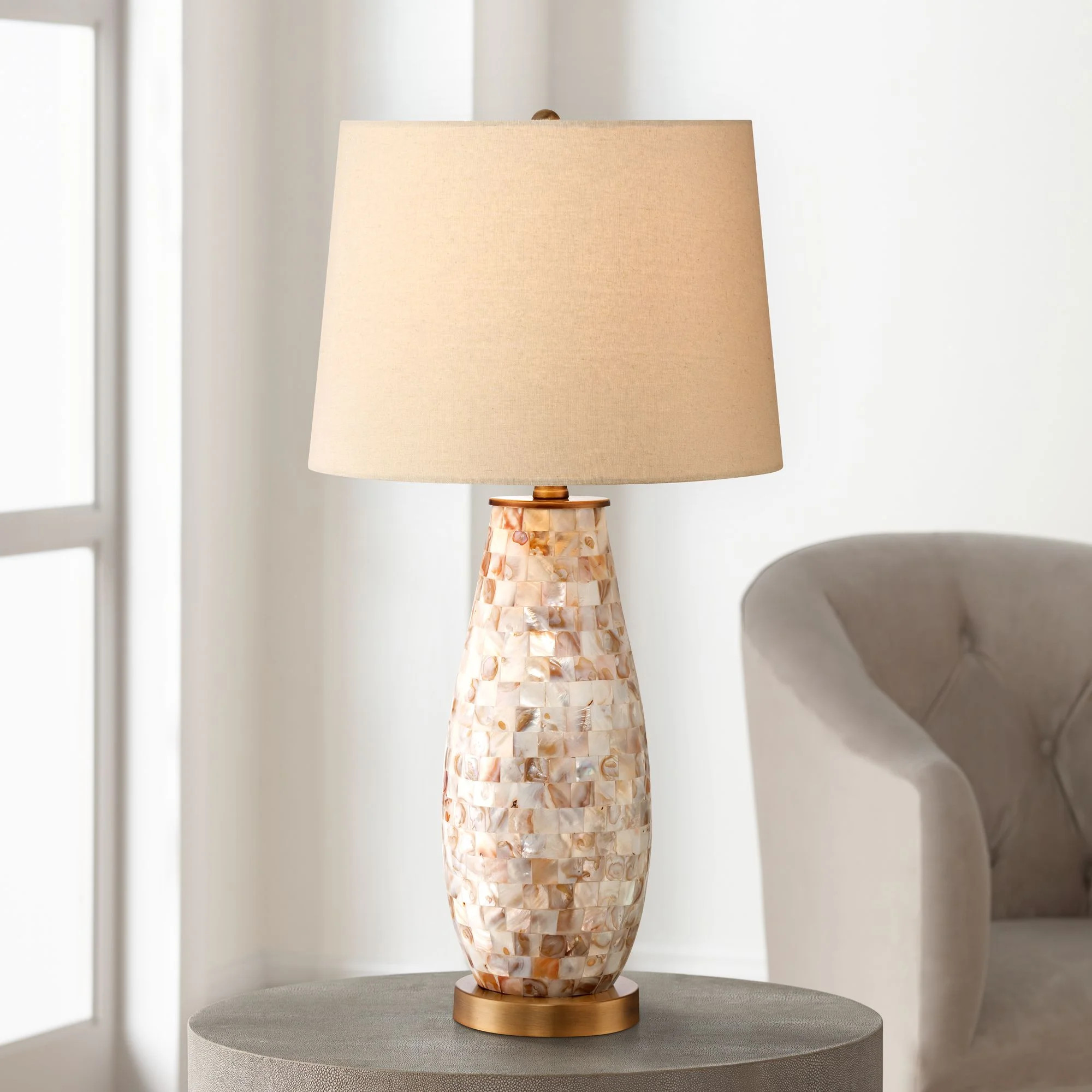 Regency Hill Cottage Table Lamp 26.5" High Mother of Pearl Tile Vase Beige Drum Shade for Living ... | Walmart (US)