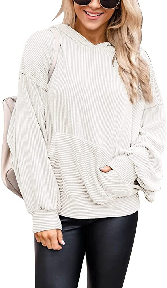 PRETTYGARDEN Women’s Casual Solid Color Long Sleeve Ribbed Pullover Hoodie Sweatshirt Tops With Pock | Amazon (US)