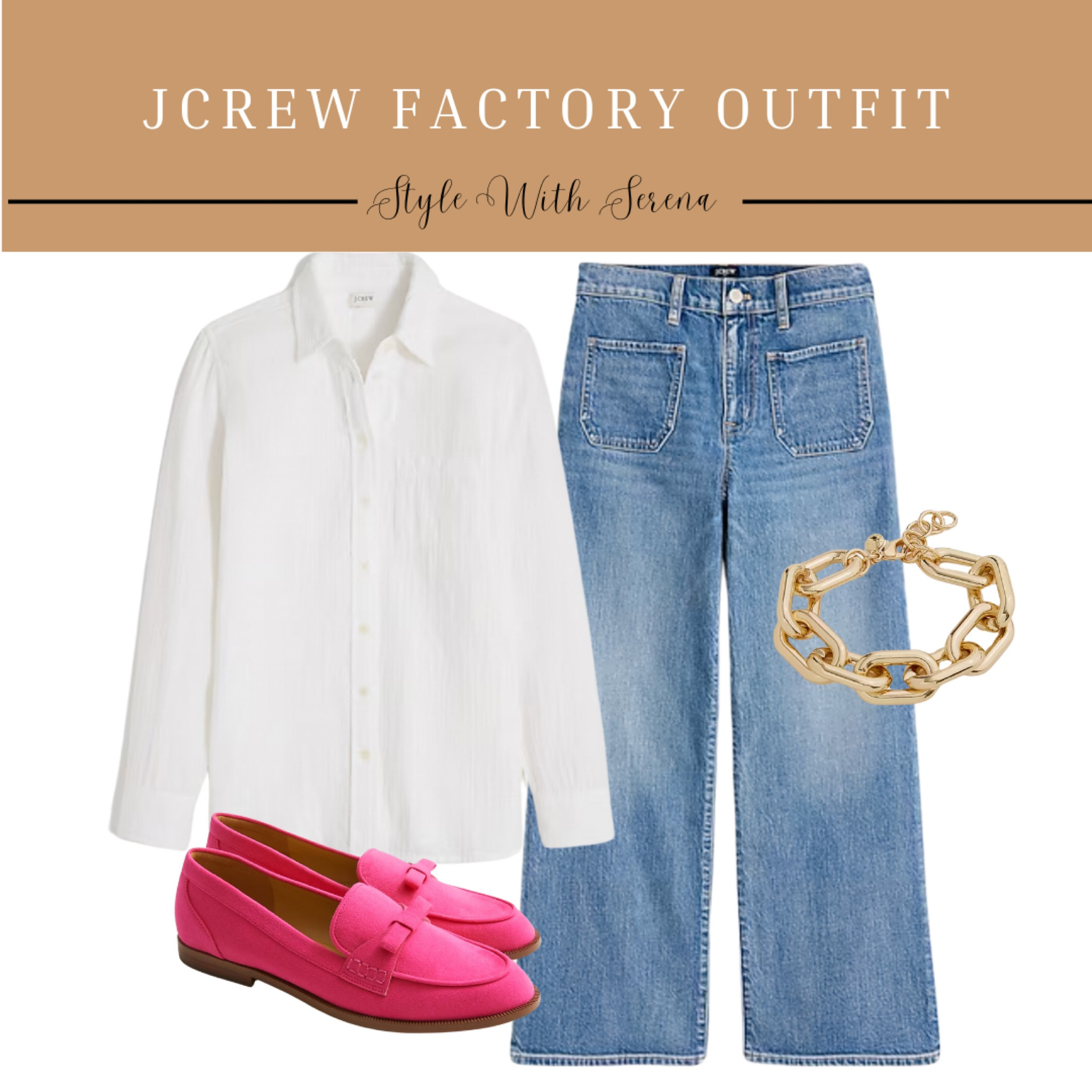 Jcrew factory outfit, Jcrew style, sale, loafers, pink loafers, white button up, jeans, denim, bracelet 

#LTKSaleAlert #LTKOver40 #LTKStyleTip