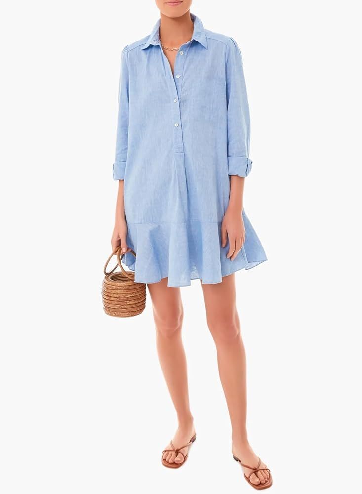 Women's Button Down Shirt Dress Long Sleeve Short Mini Dress Ruffle Flowy Hem Linen Chambray Sund... | Amazon (US)