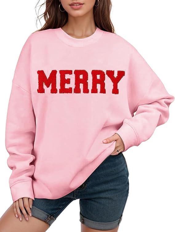 Gihuo Christmas Sweatshirts for Women Glitter Patch Merry Letter Shirts Chenille Oversized Pullov... | Amazon (US)