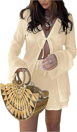 GORGLITTER Women's Shorts Set 2 Piece Beach Vacation Coastal Miami Brunch Outfits Bell Long Sleev... | Amazon (US)