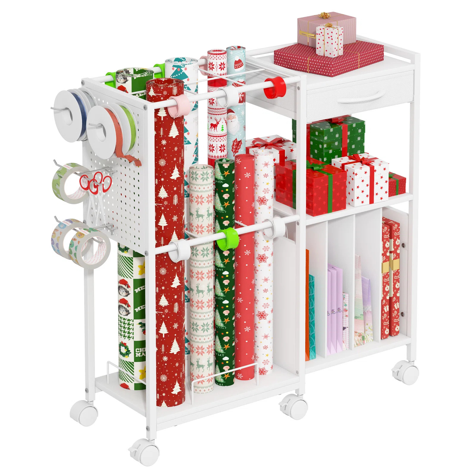 Wrapping Paper Storage Cart with 12PCS Slap Bands, Rolling Organizer with Drawer, Hooks & Brakes,... | Wayfair North America
