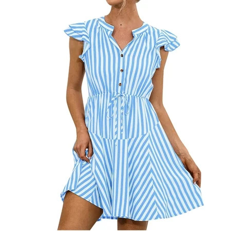 Drindf Womens Summer Dresses Ruffle Cap Sleeve High Waisted A Line Dress Flowy Striped V-Neck Button | Walmart (US)