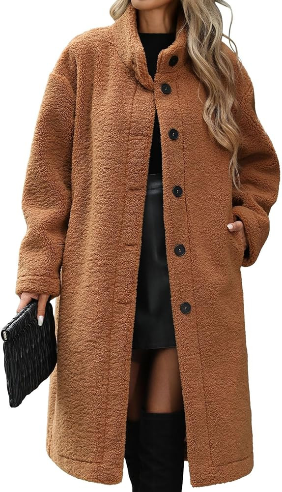 Women’s Winter Fuzzy Fleece Coat Warm Long Cardigan Open Front Jacket Button Faux Fur Fluffy Ov... | Amazon (US)