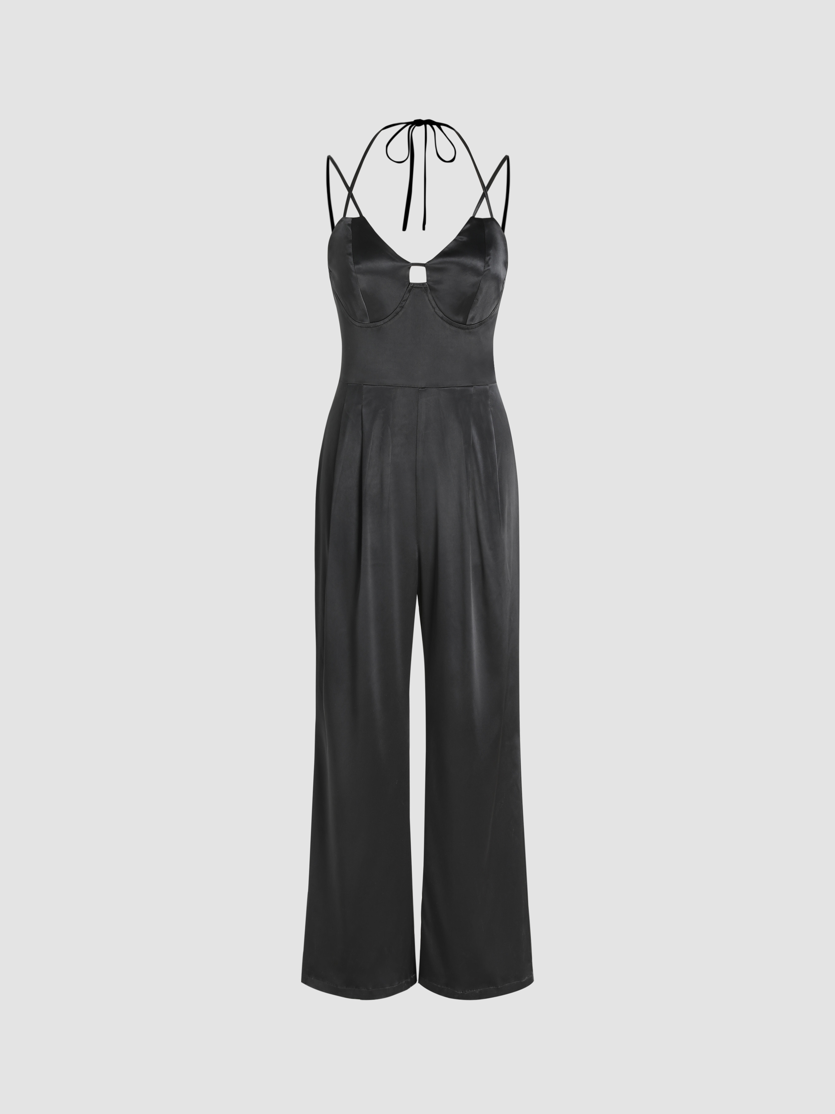 Satin Solid Satin Cut Out Halter Jumpsuit For Date | Cider