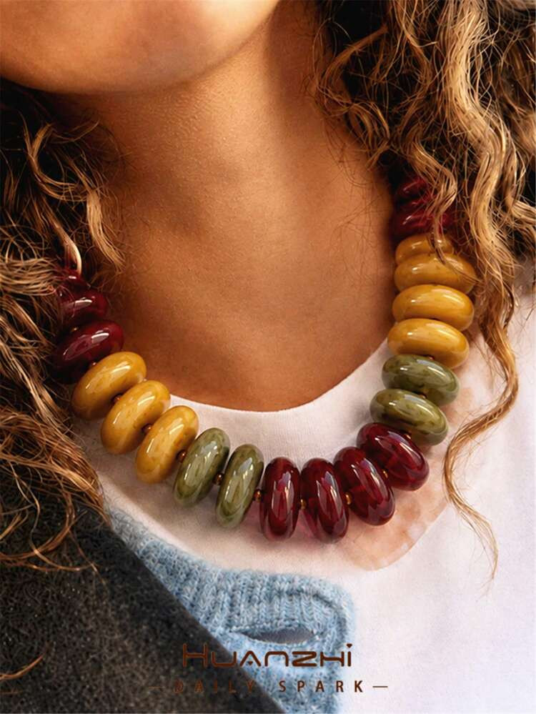 1pc Exaggerated Vintage 27mm Oversized Asymmetrical Beaded Necklace, Handmade DIY Jewelry, Autumn... | SHEIN