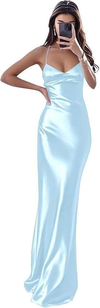 Spaghetti Straps Mermaid Bridesmaid Dresses Long for Women Satin Backless Formal Dresses | Amazon (US)