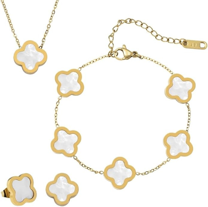 3 PC Set I 18K Gold Plated Four Leaf Clover Necklace I Clover Bracelet I Clover Earrings I Dainty... | Amazon (US)