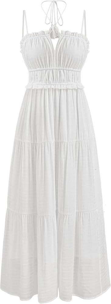 CIDER French Riviera Vacation Woven Collarless Lettuce Trim Knotted Maxi Dress | Amazon (US)