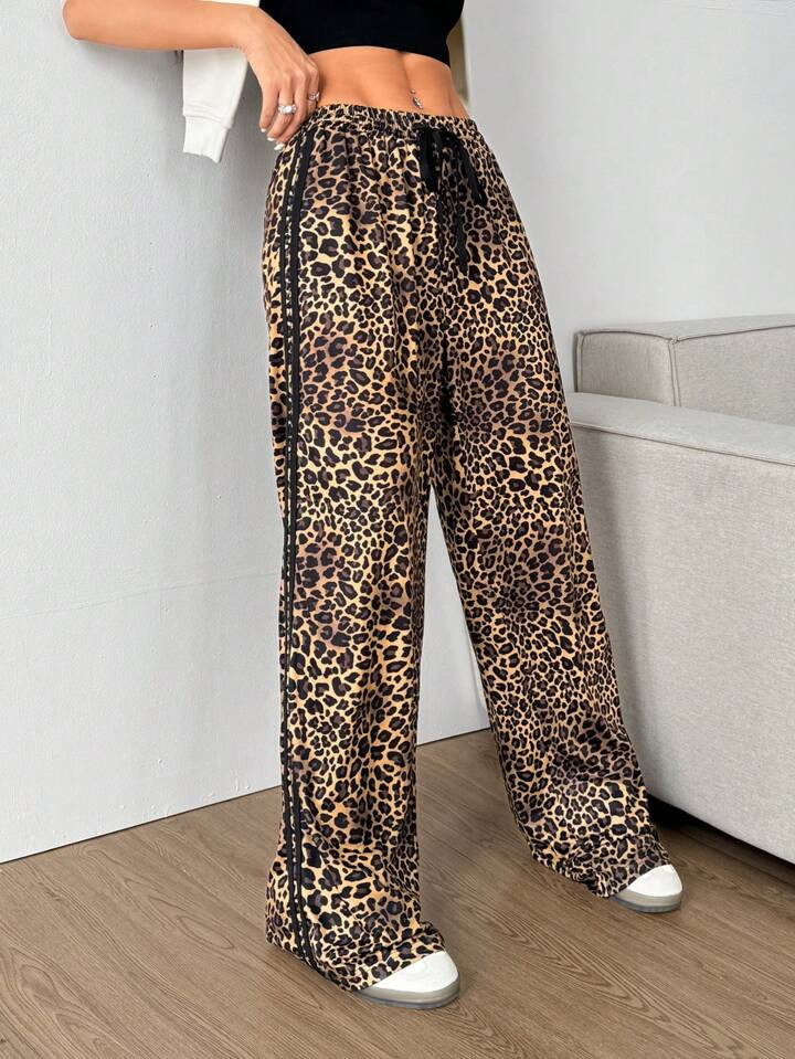 SHEIN MOOSTA Women's Y2K Casual Streetwear Leopard Print Drawstring Waist Loose Fit Wide Leg Pant... | SHEIN
