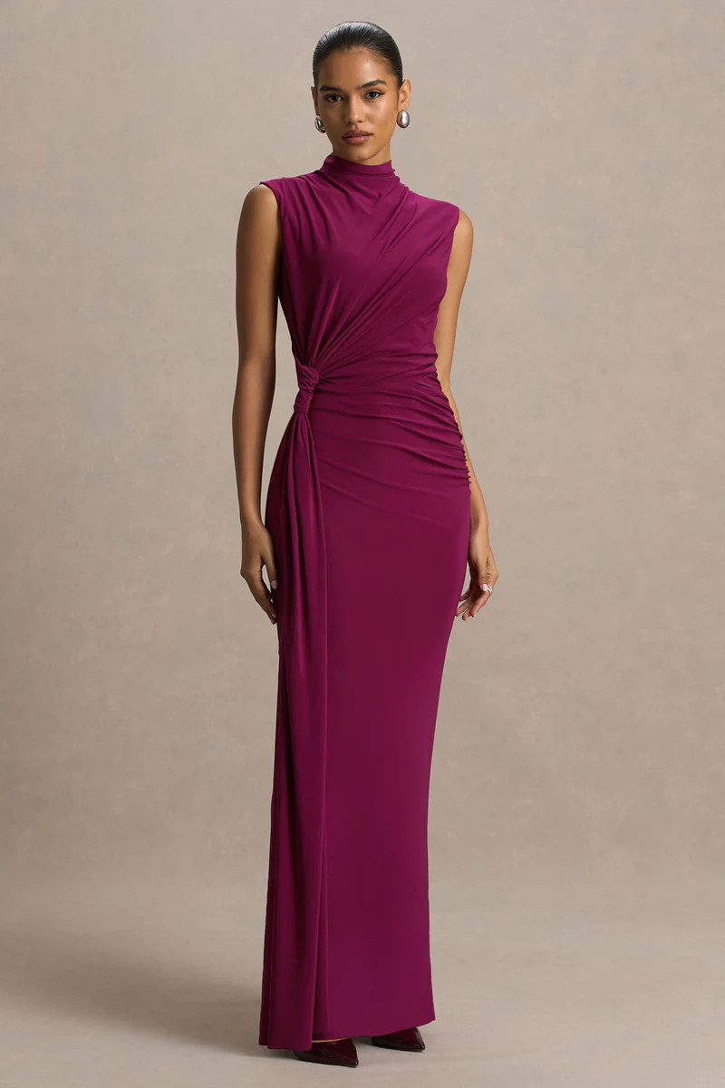 Solene | Burgundy High-Neck Maxi Dress With Wrap And Drape Detail | Club L London