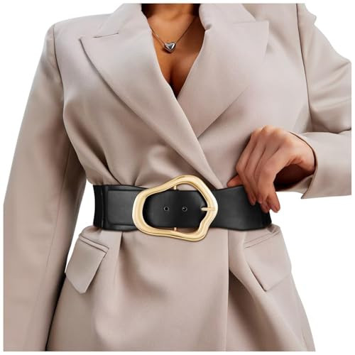 XZQTIVE Women Wide Elastic Waist Belt for Dresses Fashion Big Gold Buckle Stretchy Leather Waistband for Ladies, Black, 110cm | Amazon (US)