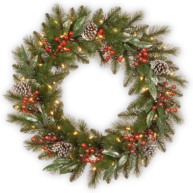 National Tree Company Pre-Lit Artificial Christmas Wreath, Green, Frosted Pine, White Lights, Dec... | Amazon (US)