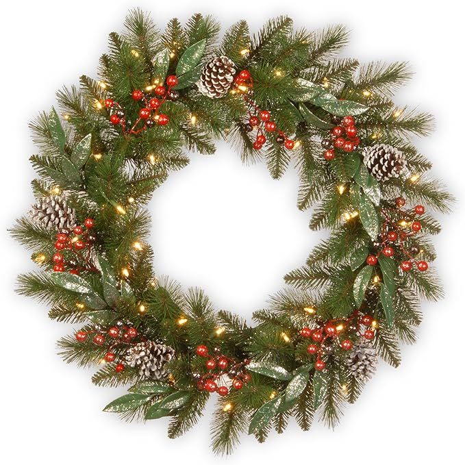 National Tree Company Pre-Lit Artificial Christmas Wreath, Green, Frosted Pine, White Lights, Dec... | Amazon (US)