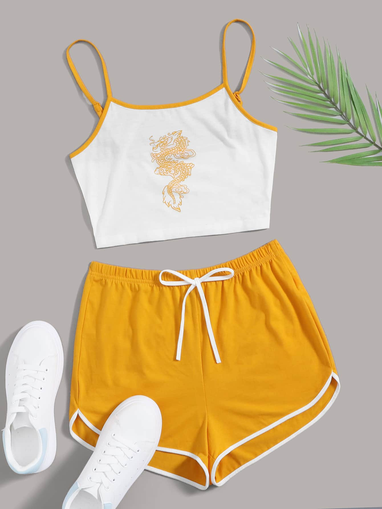 SHEIN Dragon Print Ringer Cami Top & Dolphin Shorts Set | SHEIN