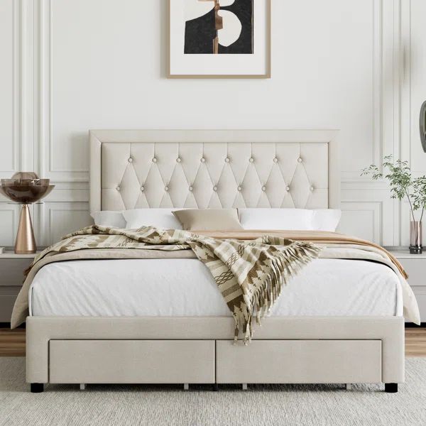 Binghamton Tufted Upholstered Platform Bed With Headboard, Bed Frame With 2 Storage Drawers | Wayfair North America